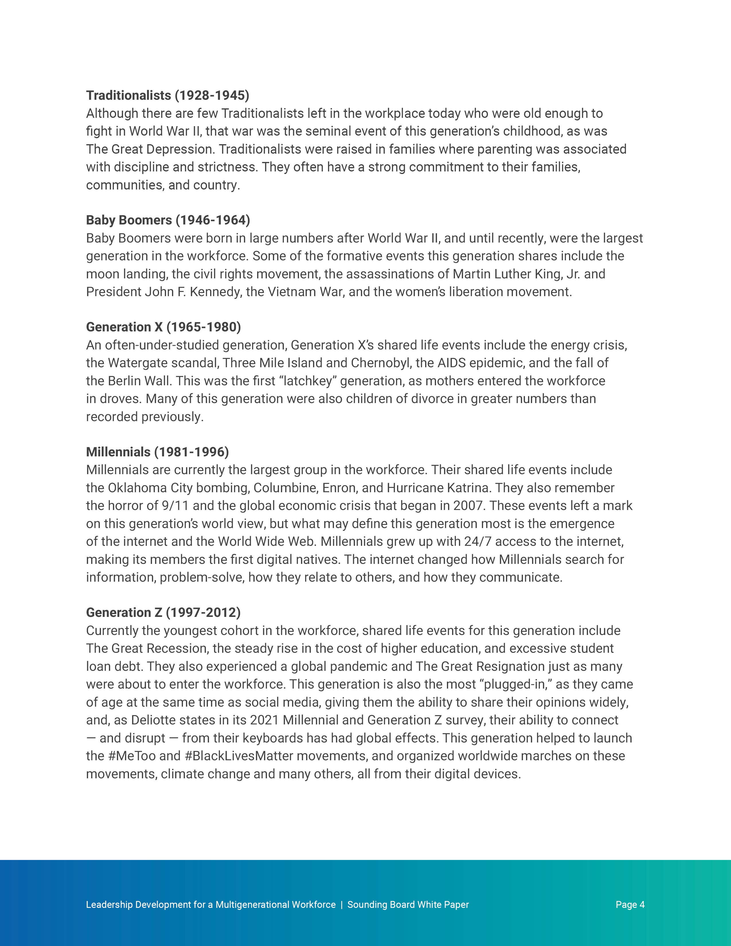 Generational overview — the five cohorts and their formative events