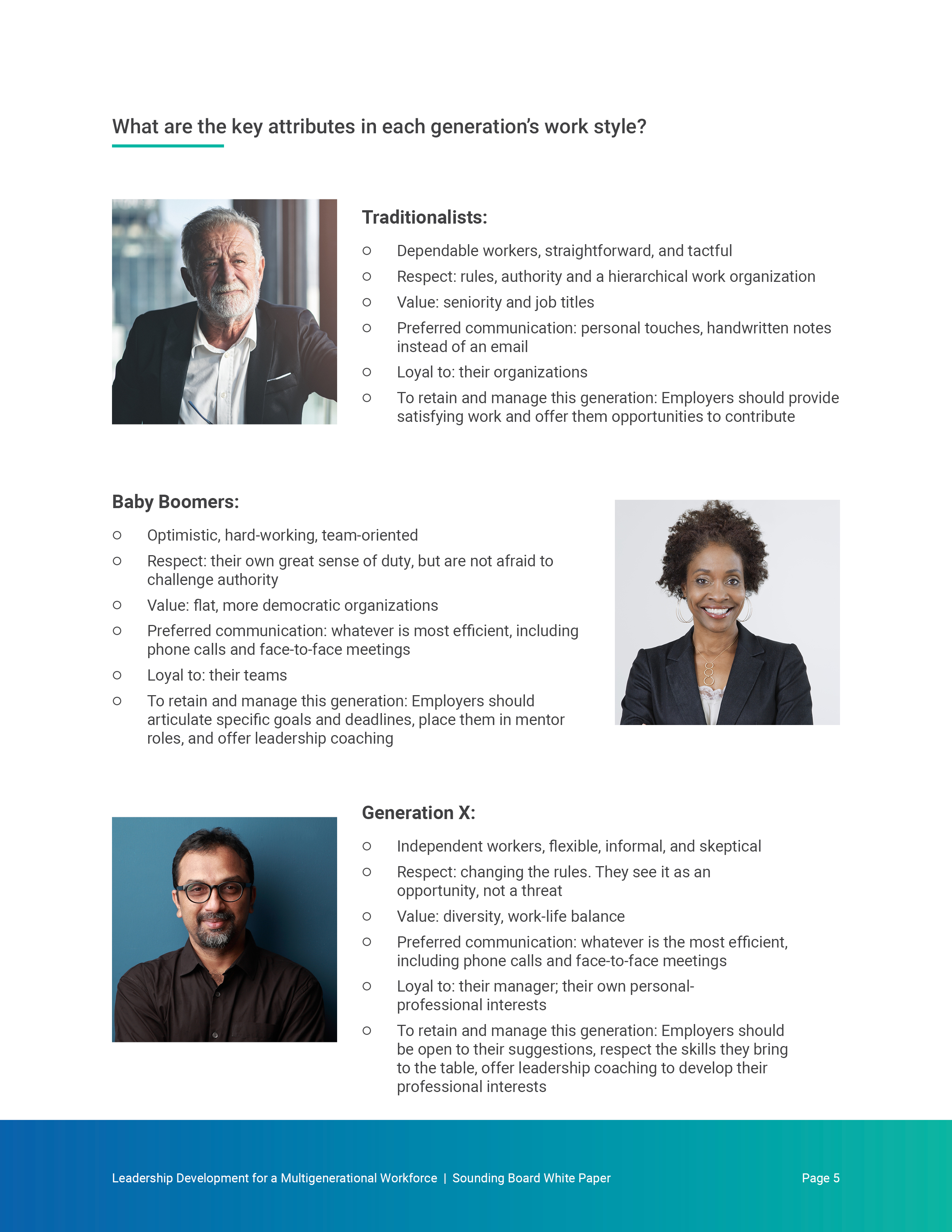 Work-style page — Traditionalists, Baby Boomers, and Gen X with portraits