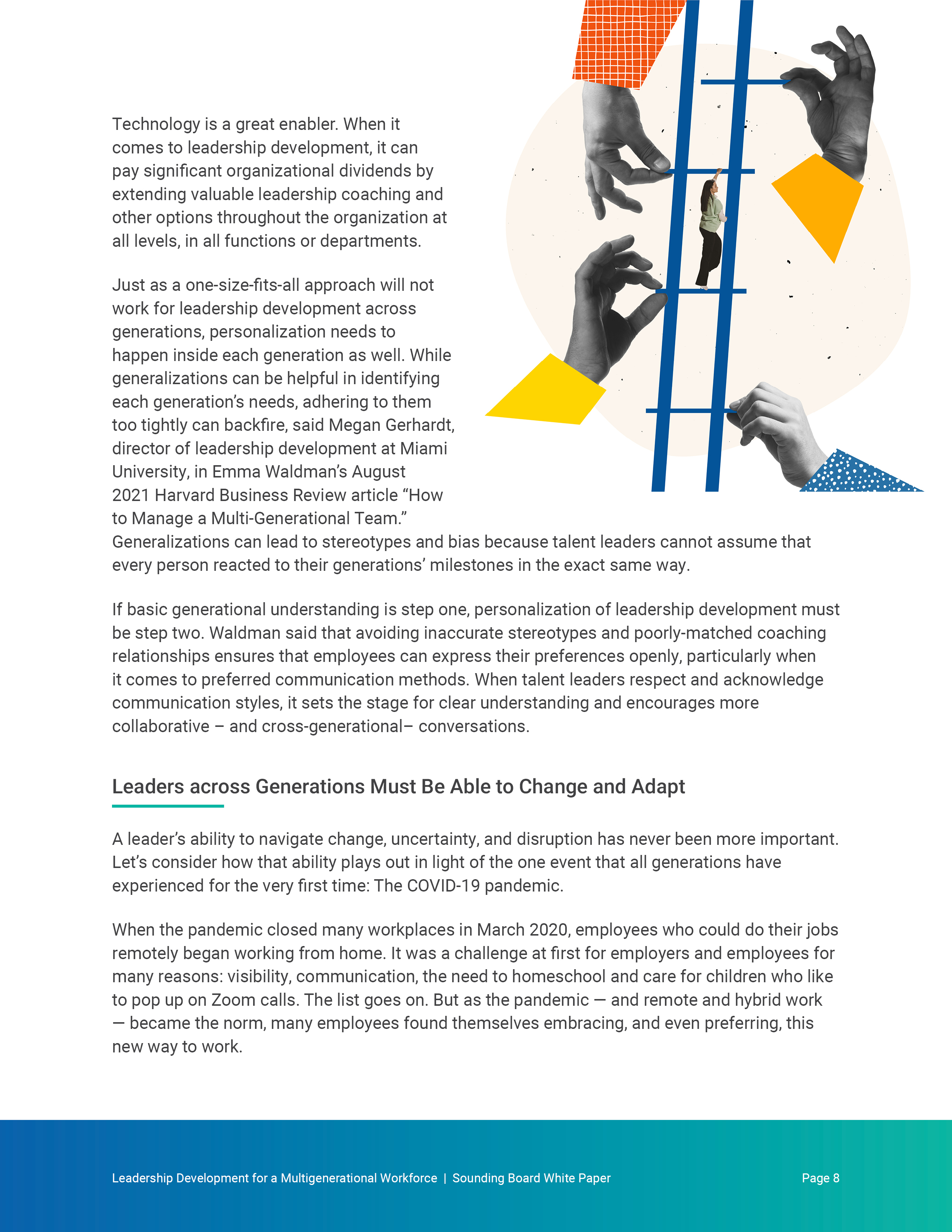 Page 8 — the lone cut-paper collage of hands and a ladder, set against body copy